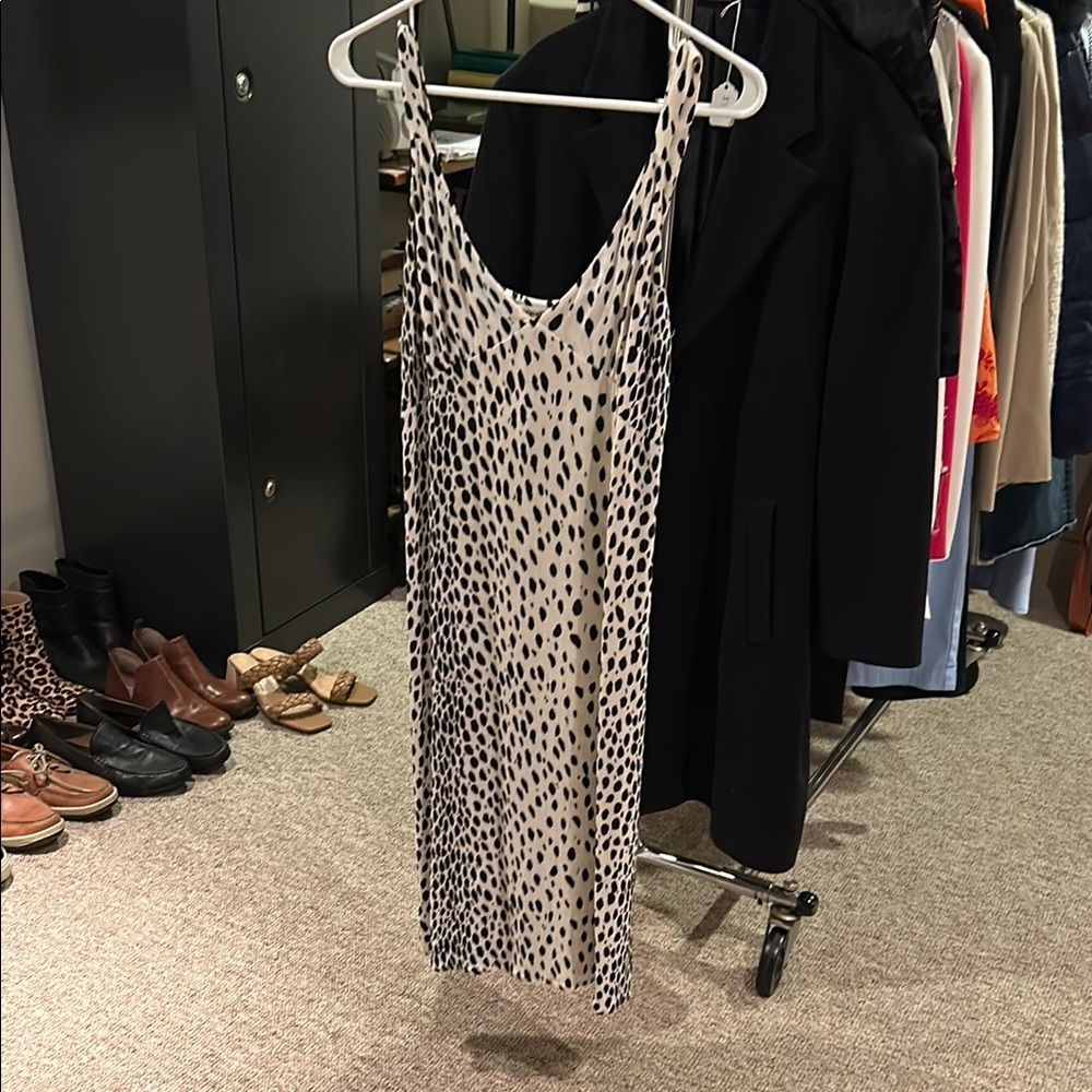 Reformation, black and cream animal print dress.